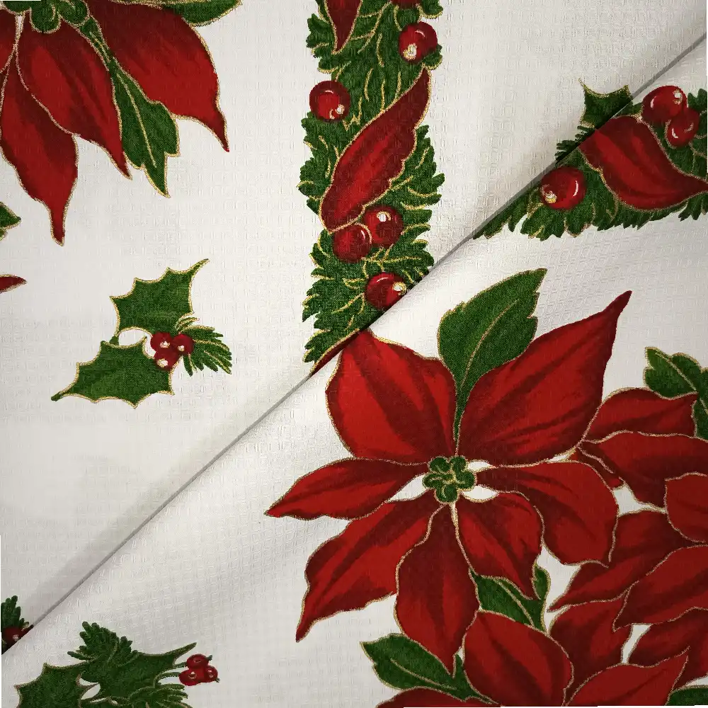 Tela de mantelería navideña blanca con flores de Pascua y acebo - Imagen 2