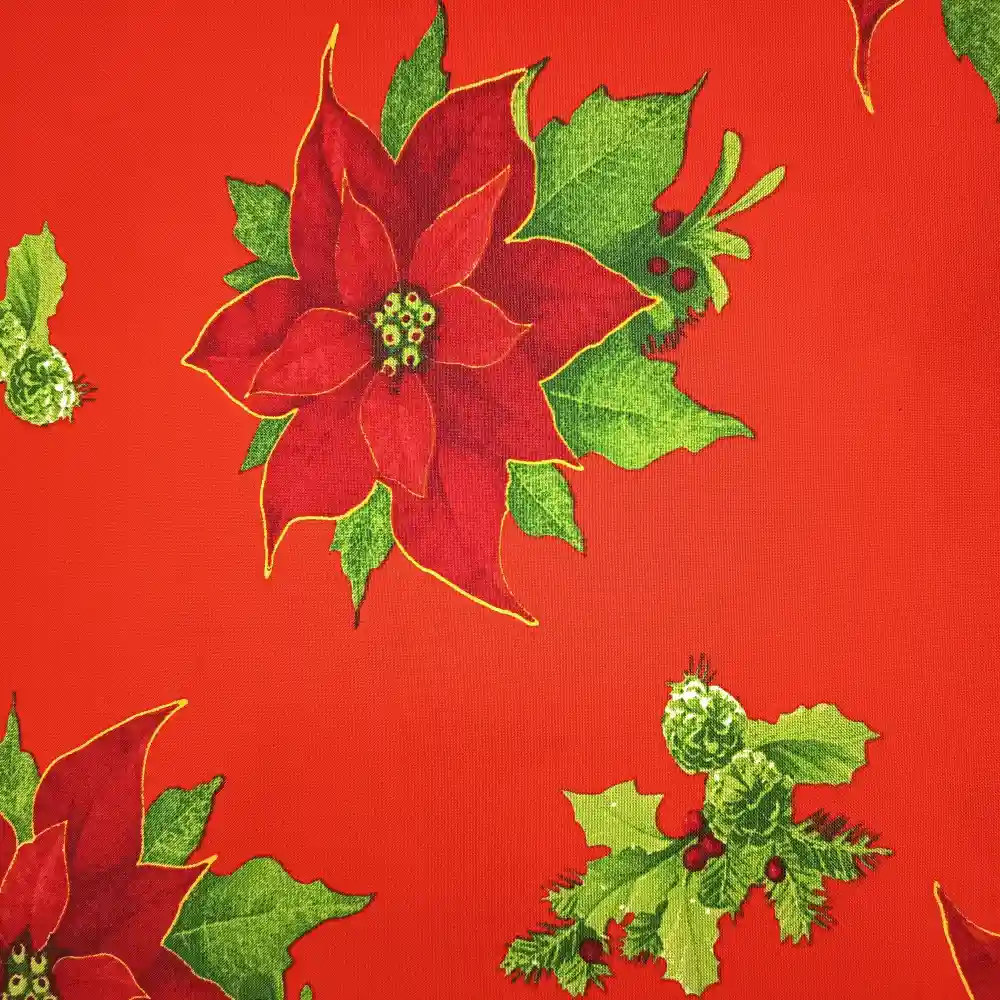 Tela de mantelería stretch navideña con fondo rojo intenso, grandes flores de Pascua rojas y burdeos, hojas verdes y pequeños detalles dorados.